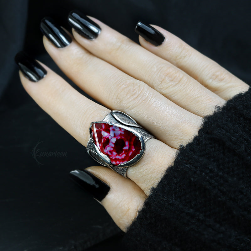 Handcrafted Sterling Silver Rustic Minimalist Floral Red Dragon Veins Agate Artisan Jewelry Brutalist Gothic Metalsmith Hammered Unique Ring