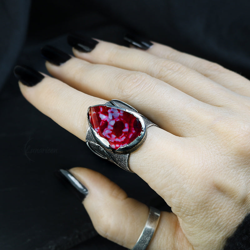 Handcrafted Sterling Silver Rustic Minimalist Floral Red Dragon Veins Agate Artisan Jewelry Brutalist Gothic Metalsmith Hammered Unique Ring