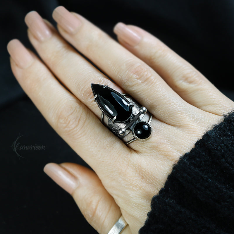 Handcrafted Rustic Brutalist Ring Textured Modern Natural Back Onyx Oxidized Sterling Silver Gothic Trendy Jewelry Unique Statement Ring