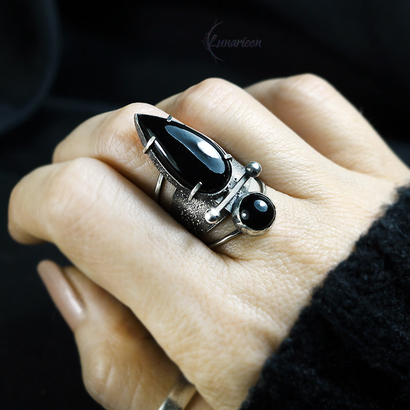 Handcrafted Rustic Brutalist Ring Textured Modern Natural Back Onyx Oxidized Sterling Silver Gothic Trendy Jewelry Unique Statement Ring