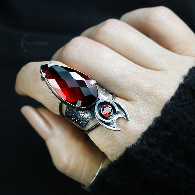 Handcrafted Rustic Brutalist Ring Textured Modern Faceted Red Quartz Oxidized Sterling Silver Gothic Trendy Jewelry Unique Statement Ring