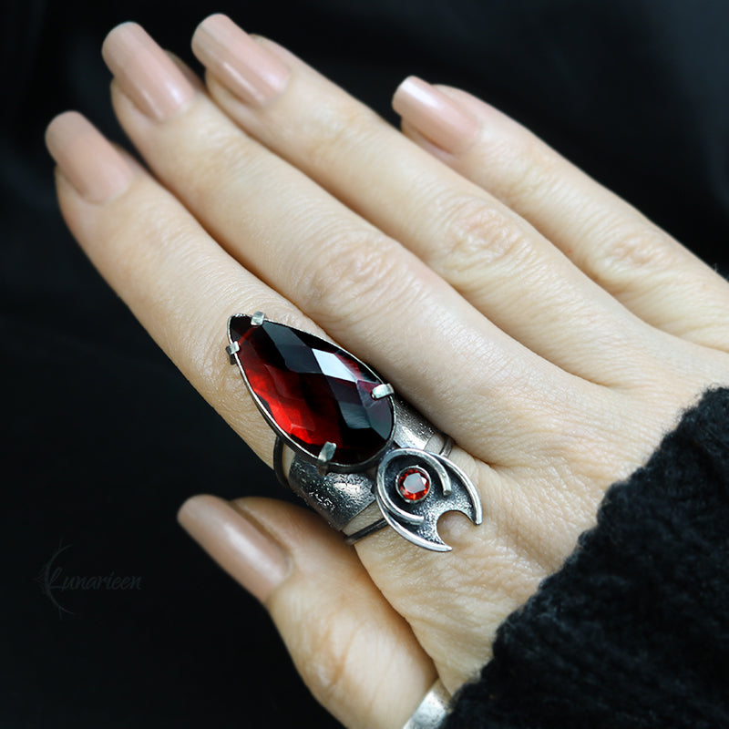 Handcrafted Rustic Brutalist Ring Textured Modern Faceted Red Quartz Oxidized Sterling Silver Gothic Trendy Jewelry Unique Statement Ring