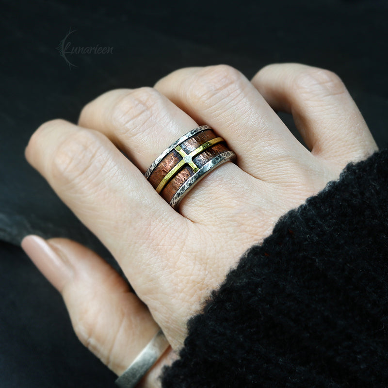 Handcrafted Rustic Fine Silver Brass Copper Cross Ring Hammered Artisan Textured Oxidized Wedding Engagement Mens Band