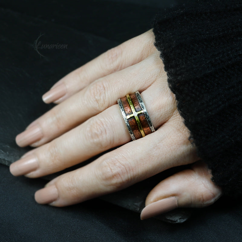 Handcrafted Rustic Fine Silver Brass Copper Cross Ring Hammered Artisan Textured Oxidized Wedding Engagement Mens Band