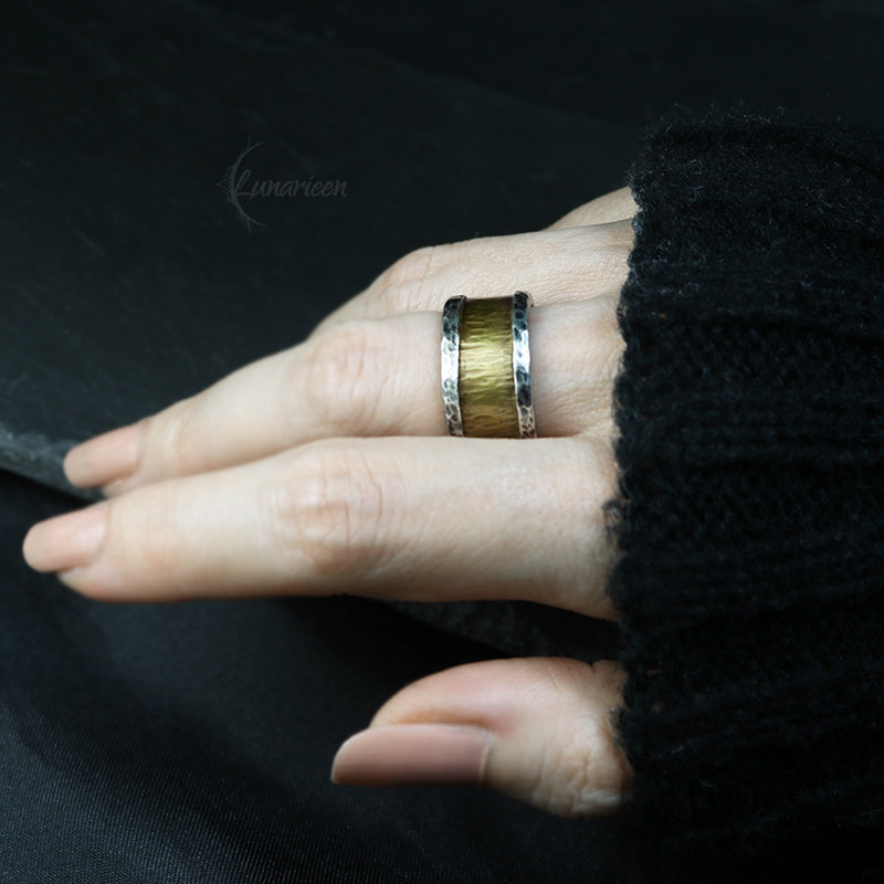 Handcrafted Rustic Fine Silver and Brass Ring Hammered Artisan Textured Oxidized Wedding Engagement Mens Band