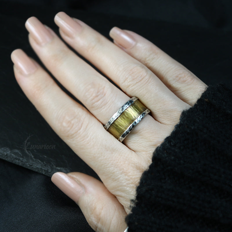 Handcrafted Rustic Fine Silver and Brass Ring Hammered Artisan Textured Oxidized Wedding Engagement Mens Band