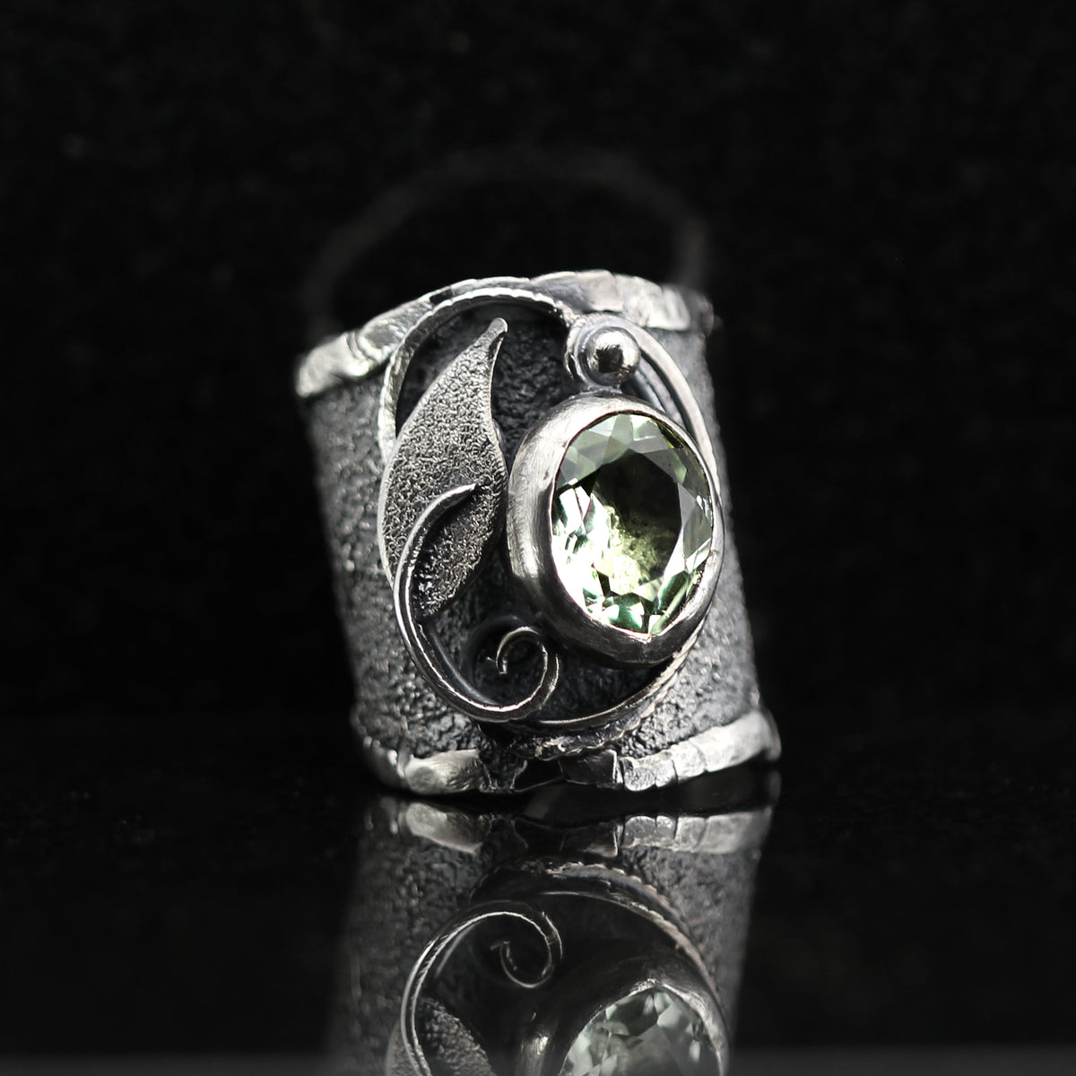 Handcrafted Green Amethyst Ring: Oxidized Sterling Silver Adjustable Statement