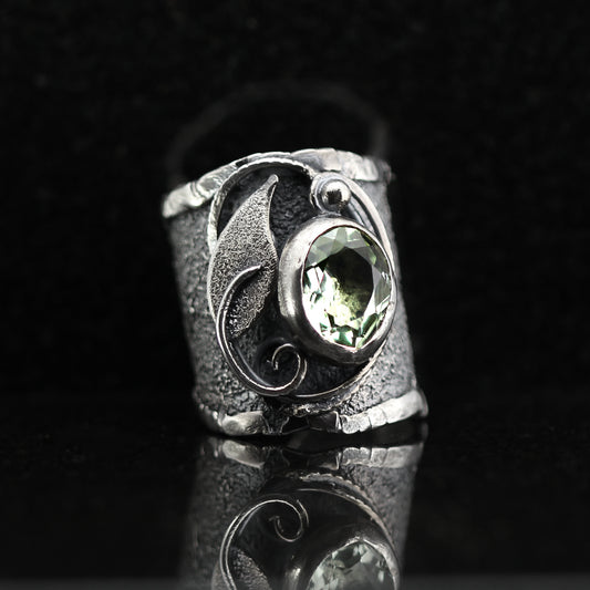 Handcrafted Green Amethyst Ring: Oxidized Sterling Silver Adjustable Statement