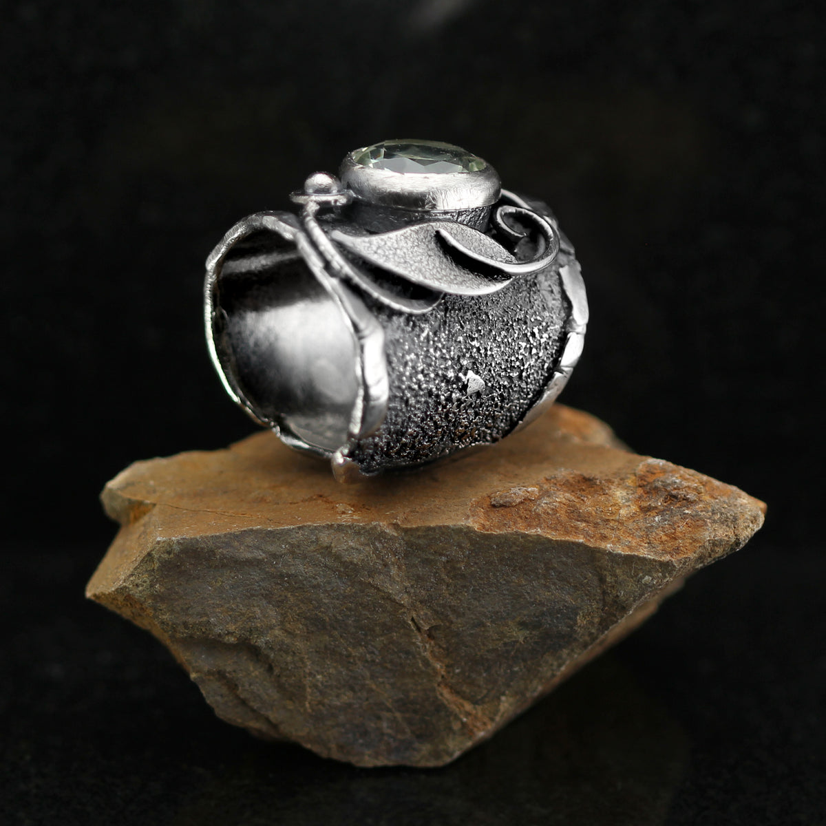 Handcrafted Green Amethyst Ring: Oxidized Sterling Silver Adjustable Statement