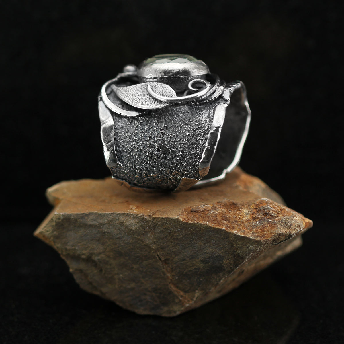 Handcrafted Green Amethyst Ring: Oxidized Sterling Silver Adjustable Statement