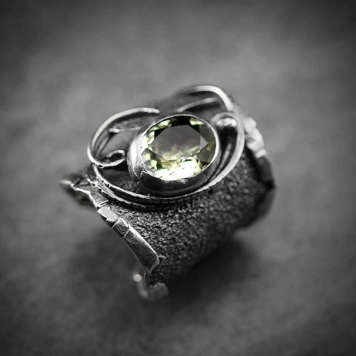 Handcrafted Green Amethyst Ring: Oxidized Sterling Silver Adjustable Statement