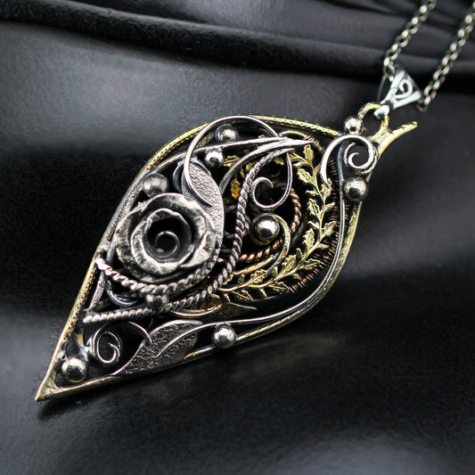 Artisan mixed metal pendant, Brass & Silver Floral Rose Necklace: Gothic Handmade Jewelry, Victortian, Vintage-style Jewellery