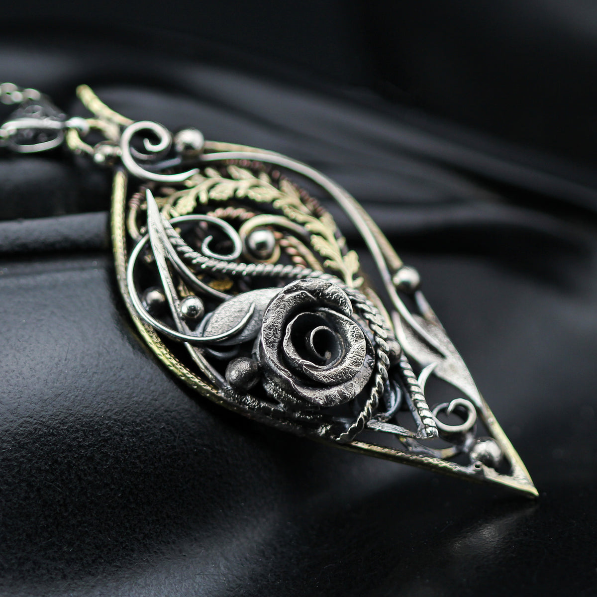 Artisan mixed metal pendant, Brass & Silver Floral Rose Necklace: Gothic Handmade Jewelry, Victortian, Vintage-style Jewellery