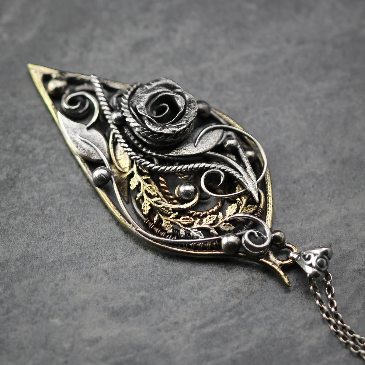 Artisan mixed metal pendant, Brass & Silver Floral Rose Necklace: Gothic Handmade Jewelry, Victortian, Vintage-style Jewellery