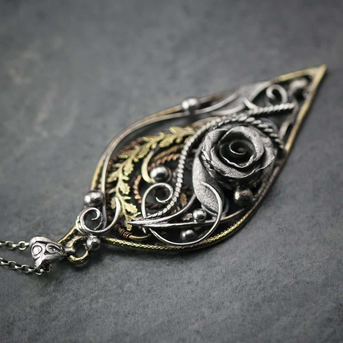 Artisan mixed metal pendant, Brass & Silver Floral Rose Necklace: Gothic Handmade Jewelry, Victortian, Vintage-style Jewellery