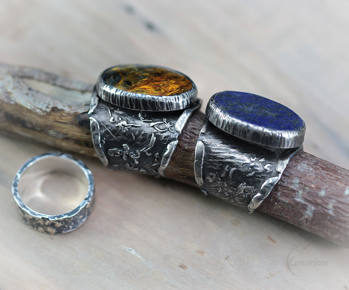 Mix Metal Brutalist Style Unisex Ring Lapis Lazuli Artisan Jewelry Sterling Silver & Silver Plated Brass Gothic Antique Hammered Metalsmith