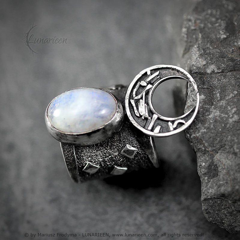 Handcrafted Rustic Sterling Silver Brutalist Style Crescent Moon Moonstone Artisan Jewelry Gothic Metalsmith Hammered Unique Statement Ring