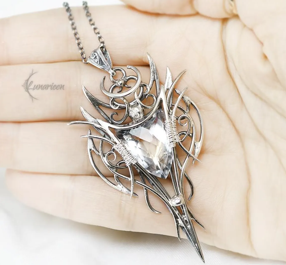 Sterling Silver White Quartz Pendant Necklace: Gothic Elven Jewelry, Witchy Talisman