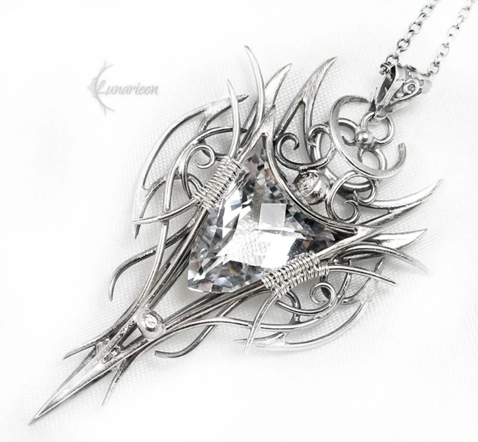 Sterling Silver White Quartz Pendant Necklace: Gothic Elven Jewelry, Witchy Talisman