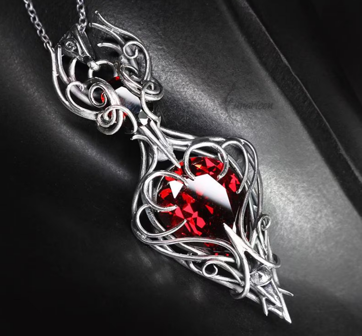 Sterling Silver Garnet and Red Cubic Zirconia Pendant Necklace: Gothic Elven Jewelry, Witchy Talisman