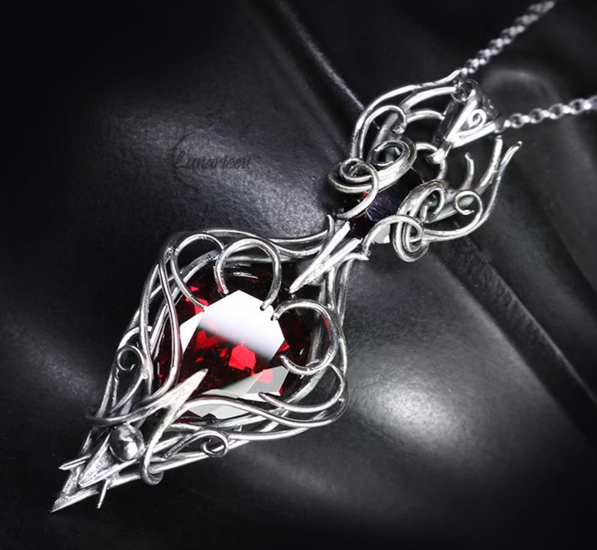 Sterling Silver Garnet and Red Cubic Zirconia Pendant Necklace: Gothic Elven Jewelry, Witchy Talisman