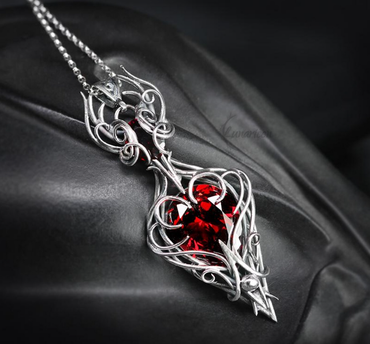 Sterling Silver Garnet and Red Cubic Zirconia Pendant Necklace: Gothic Elven Jewelry, Witchy Talisman