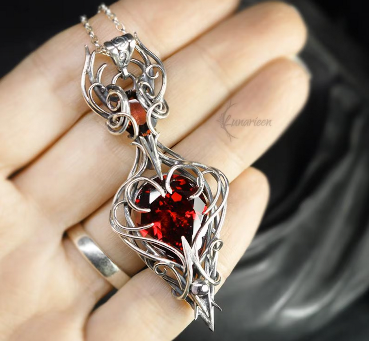 Sterling Silver Garnet and Red Cubic Zirconia Pendant Necklace: Gothic Elven Jewelry, Witchy Talisman
