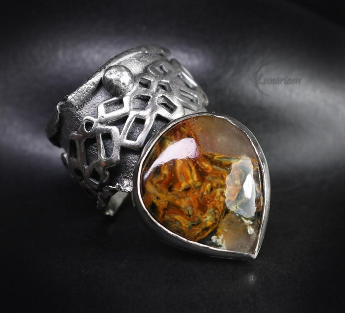 Handcrafted Pietersite Statement Chunky Large Ring, Oxidized Sterling Silver , Brutalist jewellery