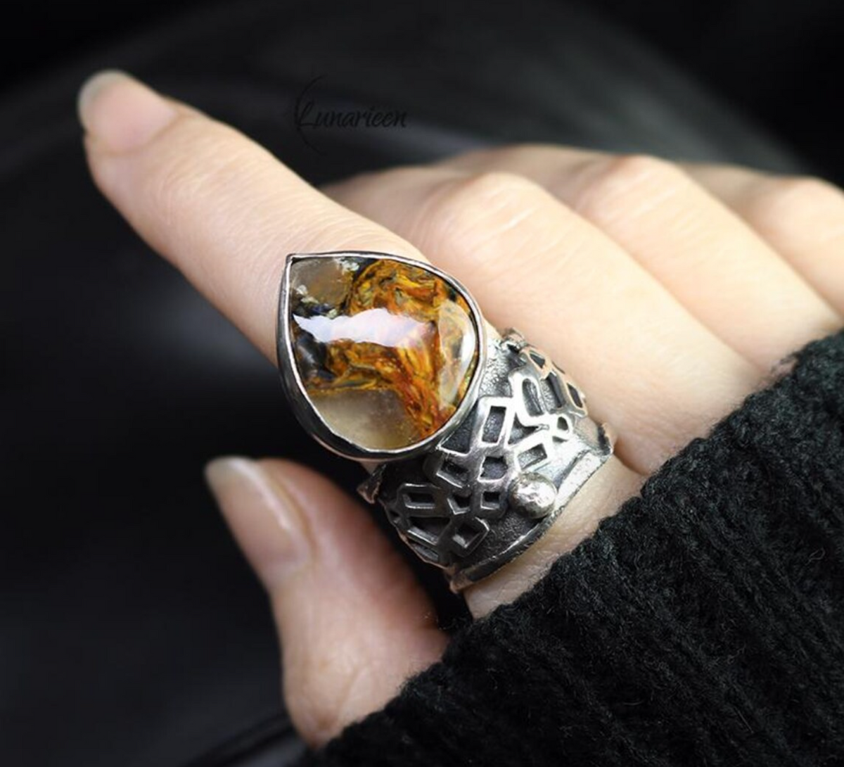 Handcrafted Pietersite Statement Chunky Large Ring, Oxidized Sterling Silver , Brutalist jewellery
