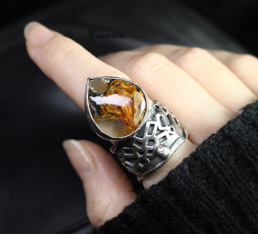 Handcrafted Pietersite Statement Chunky Large Ring, Oxidized Sterling Silver , Brutalist jewellery