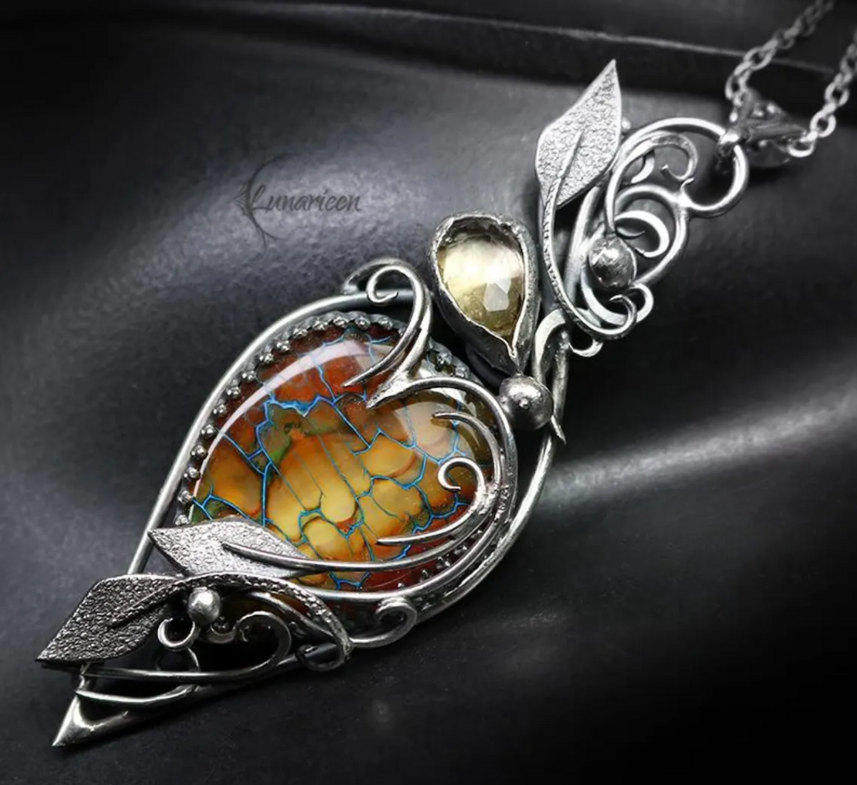 Sterling Silver Citrine and Agate Floral Pendant Necklace: Gothic Elven Jewelry, Witchy Talisman, Artisan Jewellery, Autumn Season