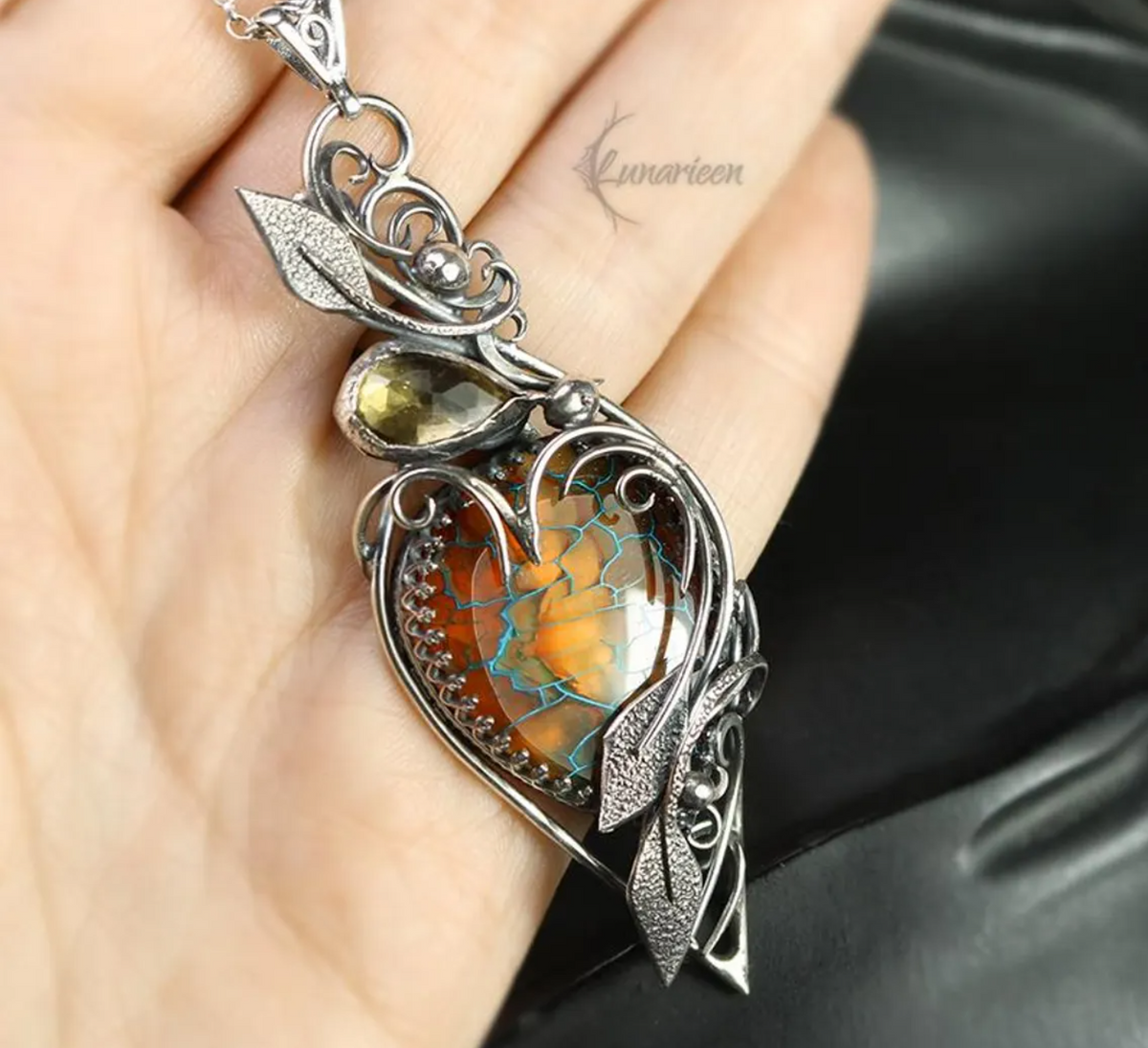 Sterling Silver Citrine and Agate Floral Pendant Necklace: Gothic Elven Jewelry, Witchy Talisman, Artisan Jewellery, Autumn Season