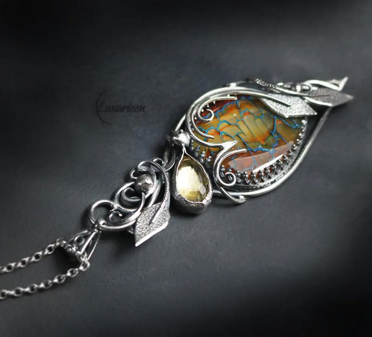 Sterling Silver Citrine and Agate Floral Pendant Necklace: Gothic Elven Jewelry, Witchy Talisman, Artisan Jewellery, Autumn Season