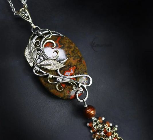 Artisan mixed metal pendant, Brass & Silver Jasper Floral Necklace: Gothic Handmade Jewelry, Witchy Talisman, Elven Jewellery, Autumn Season