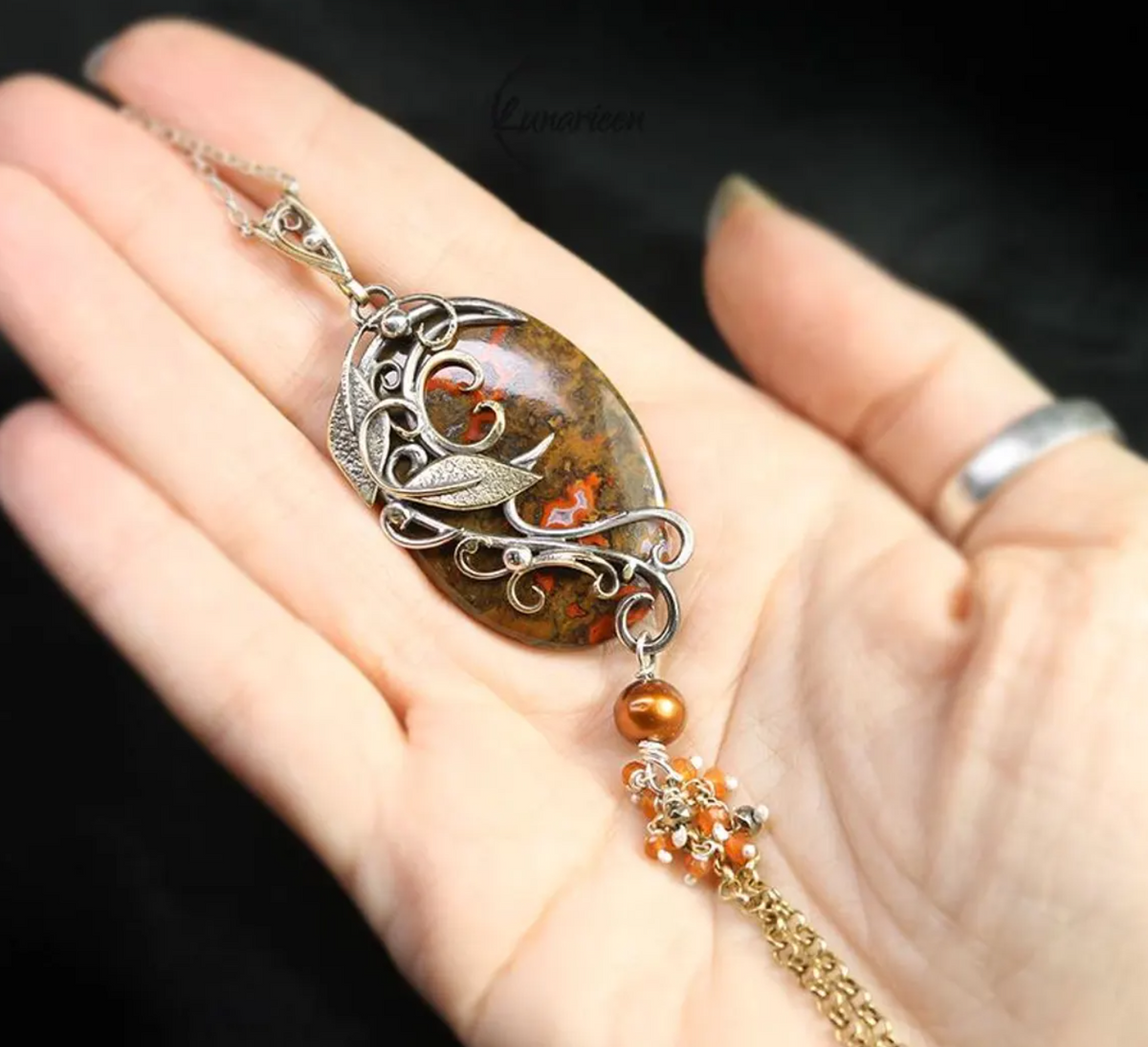 Artisan mixed metal pendant, Brass & Silver Jasper Floral Necklace: Gothic Handmade Jewelry, Witchy Talisman, Elven Jewellery, Autumn Season