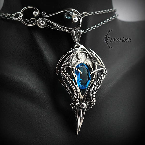 Sterling Silver Gothic Vampire unique necklace Blue Quartz gift jewellery jewelry fantasy dark gothic pagan demonic unique pendant