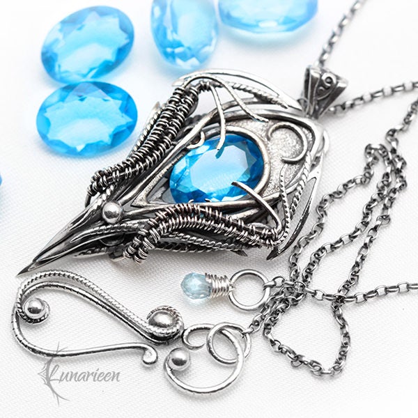 Sterling Silver Gothic Vampire unique necklace Blue Quartz gift jewellery jewelry fantasy dark gothic pagan demonic unique pendant