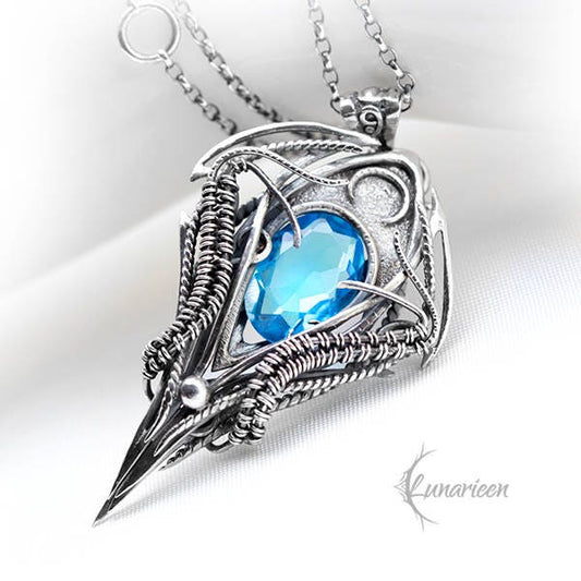 Sterling Silver Gothic Vampire unique necklace Blue Quartz gift jewellery jewelry fantasy dark gothic pagan demonic unique pendant