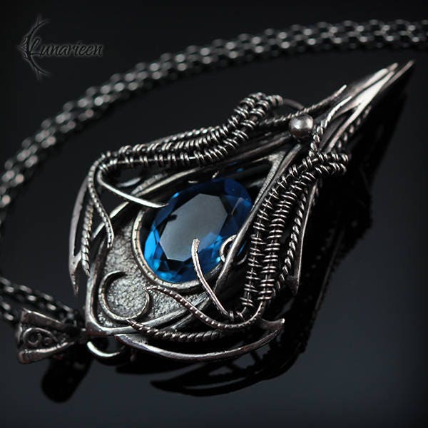 Sterling Silver Gothic Vampire unique necklace Blue Quartz gift jewellery jewelry fantasy dark gothic pagan demonic unique pendant