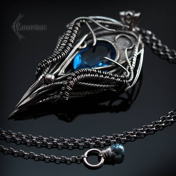 Sterling Silver Gothic Vampire unique necklace Blue Quartz gift jewellery jewelry fantasy dark gothic pagan demonic unique pendant