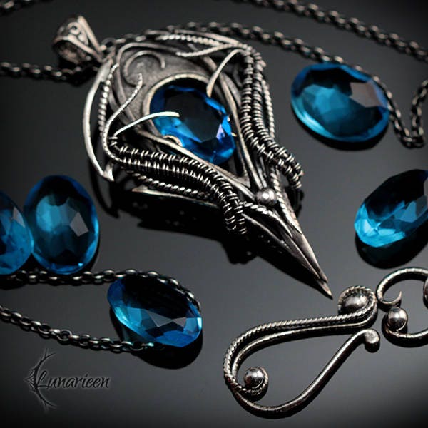 Sterling Silver Gothic Vampire unique necklace Blue Quartz gift jewellery jewelry fantasy dark gothic pagan demonic unique pendant