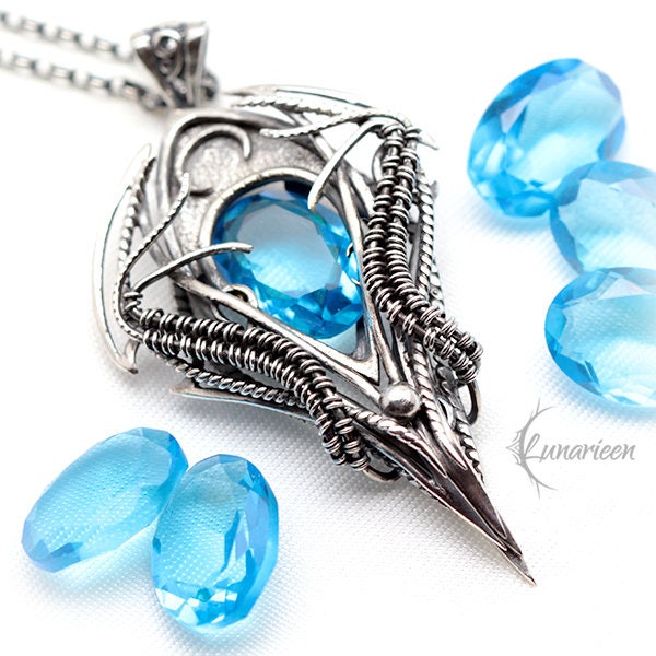 Sterling Silver Gothic Vampire unique necklace Blue Quartz gift jewellery jewelry fantasy dark gothic pagan demonic unique pendant