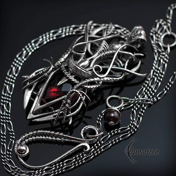 Sterling Silver, Fantasy Gothic style Necklace Pendant, Red Quartz, Vampire Elven Witchy, Unisex Unique Jewellery Jewelry Gift