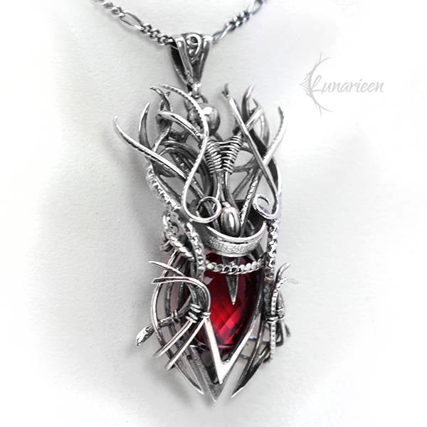 Sterling Silver, Fantasy Gothic style Necklace Pendant, Red Quartz, Vampire Elven Witchy, Unisex Unique Jewellery Jewelry Gift