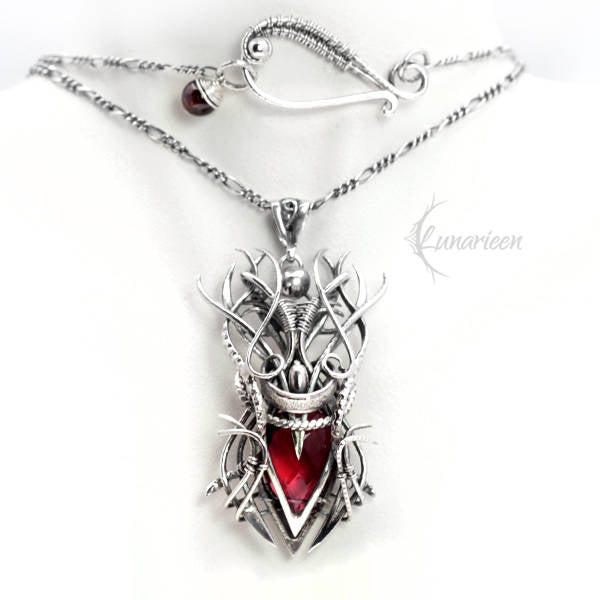 Sterling Silver, Fantasy Gothic style Necklace Pendant, Red Quartz, Vampire Elven Witchy, Unisex Unique Jewellery Jewelry Gift