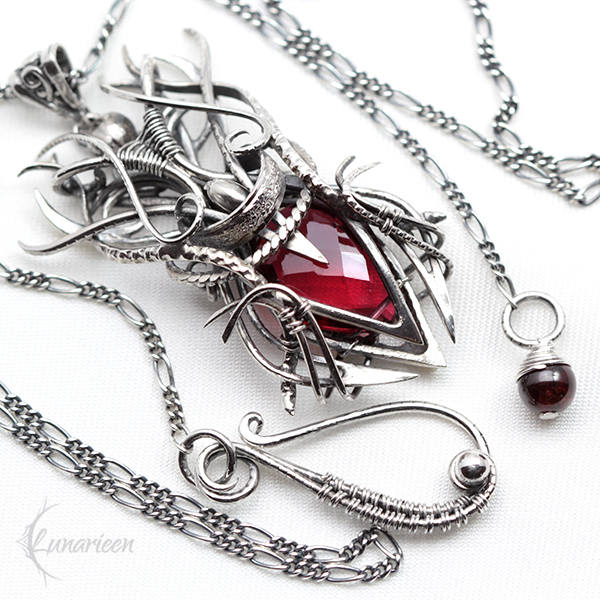 Sterling Silver, Fantasy Gothic style Necklace Pendant, Red Quartz, Vampire Elven Witchy, Unisex Unique Jewellery Jewelry Gift