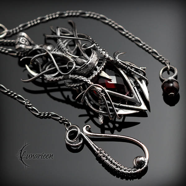 Sterling Silver, Fantasy Gothic style Necklace Pendant, Red Quartz, Vampire Elven Witchy, Unisex Unique Jewellery Jewelry Gift