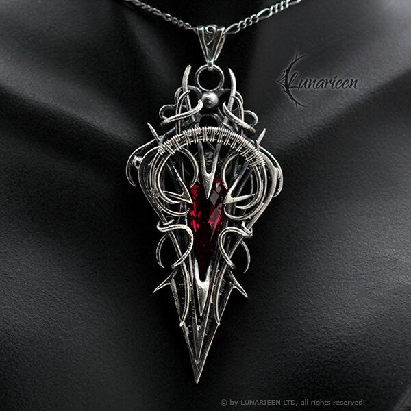 Sterling Silver, Fantasy Gothic style Necklace Pendant, Red Quartz, Vampire Elven Witchy, Unisex Unique Jewellery Jewelry Gift