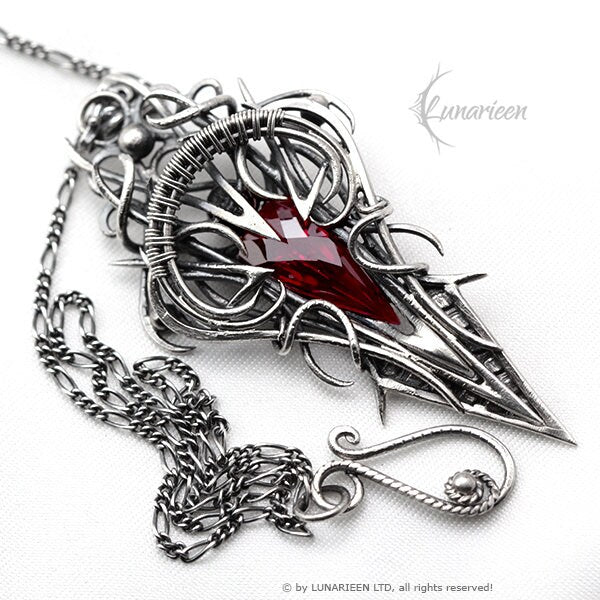 Sterling Silver, Fantasy Gothic style Necklace Pendant, Red Quartz, Vampire Elven Witchy, Unisex Unique Jewellery Jewelry Gift