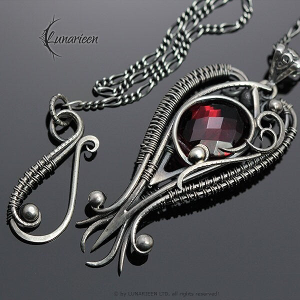 Sterling Silver, Fantasy Gothic style Necklace Pendant, Red Quartz, Vampire Elven Witchy, Unisex Unique Jewellery Jewelry Gift